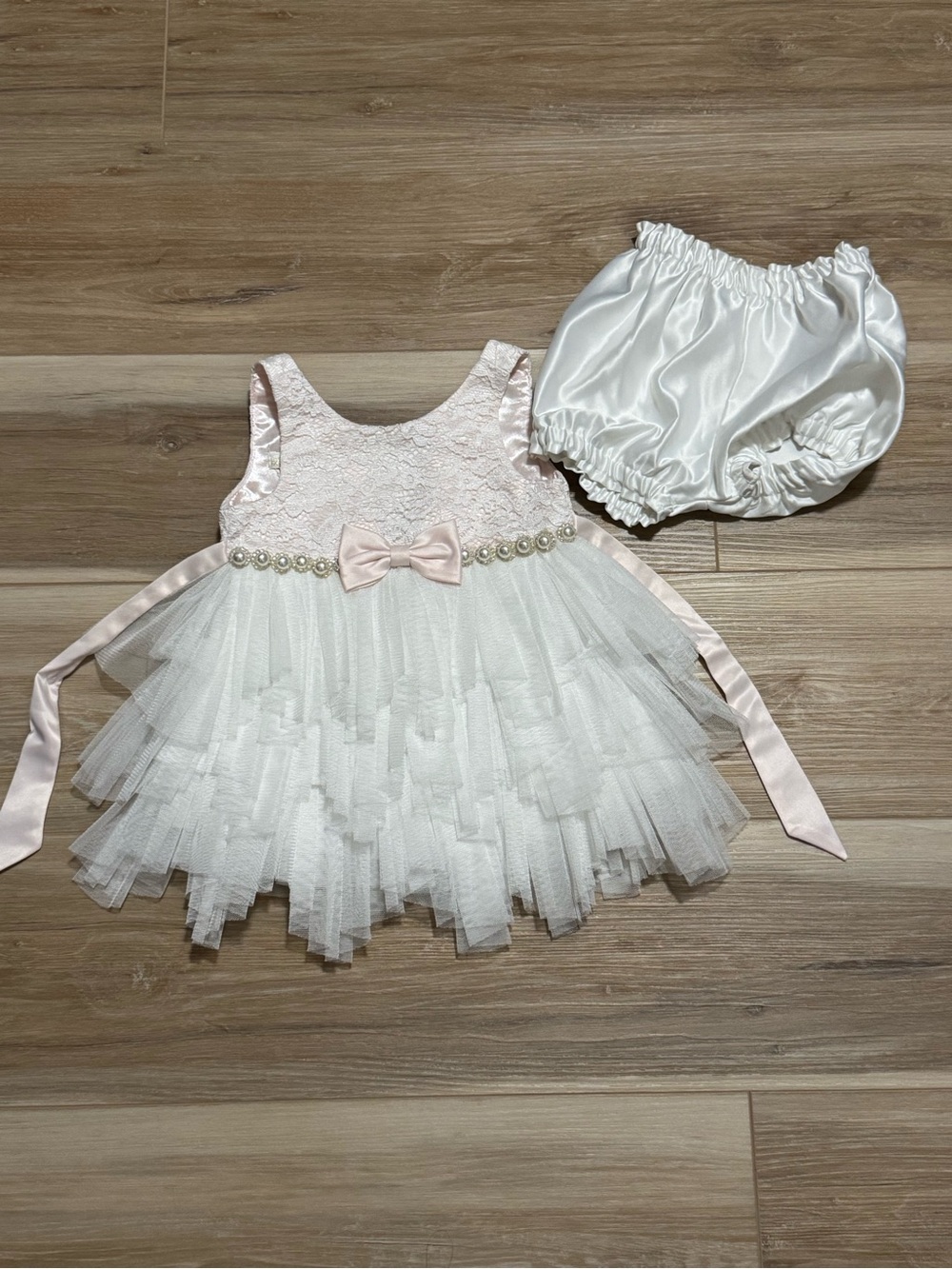 American Princess Pale Pink Lace Pearl Bow Tulle Tiered Dress Set 12M